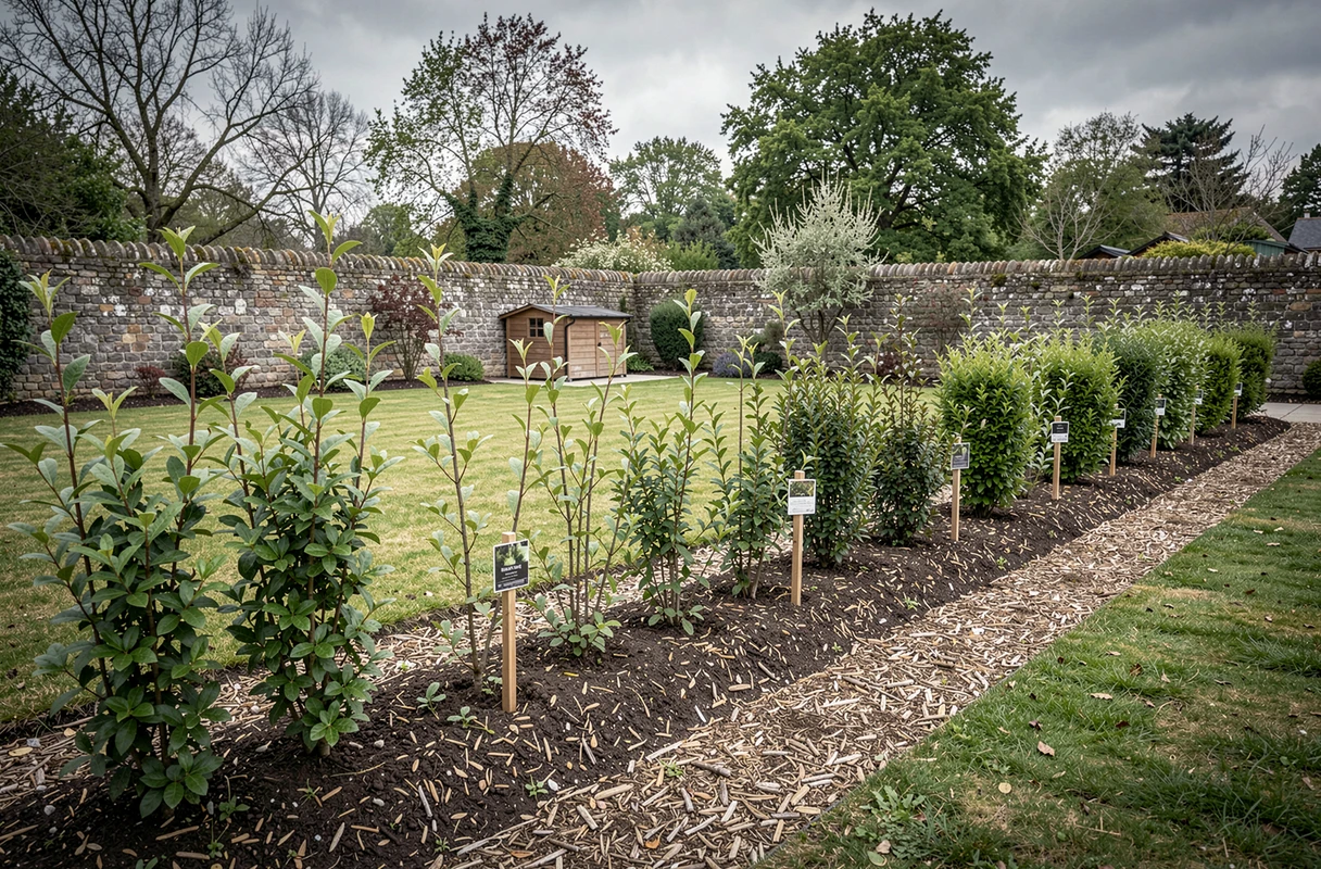 Vue large d'une haie naturelle nouvellement plantée dans un jardin résidentiel avec paillage et jeunes plants indigènes