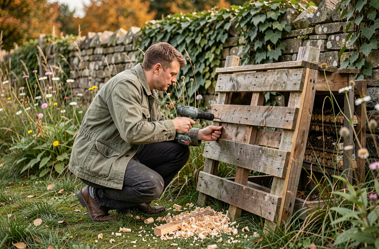 Homme installant un hôtel à insectes en palettes de récupération au bord d'une prairie fleurie dans un jardin naturel