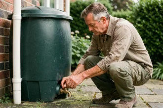 Homme installant un récupérateur d'eau de pluie connecté à une gouttière dans un jardin de maison individuelle