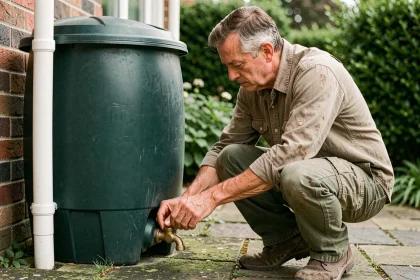 Homme installant un récupérateur d'eau de pluie connecté à une gouttière dans un jardin de maison individuelle
