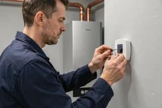 Technicien installant un thermostat intelligent sur une chaudière à granulés dans une chaufferie domestique