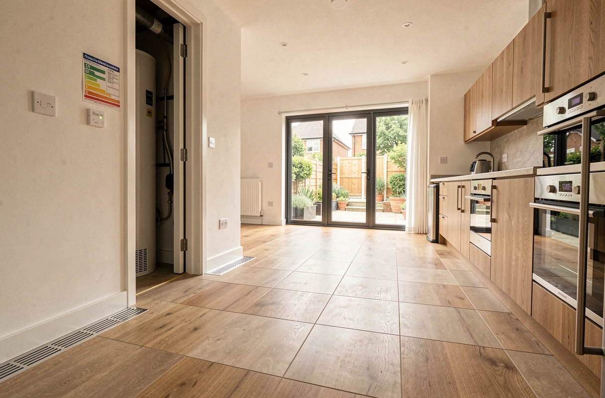 Intérieur rénové d'une maison avec étiquette de performance énergétique, plancher chauffant et menuiseries double vitrage