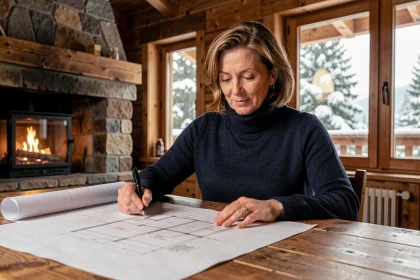 Investisseuse immobilière étudiant des plans de chalet en montagne dans un intérieur en bois alpin
