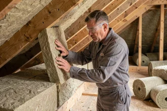 Artisan installant de la laine minérale entre les chevrons d'un grenier non aménagé lors de travaux d'isolation des combles
