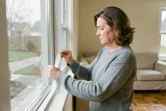 Femme appliquant un joint d'isolation adhésif sur le cadre d'une fenêtre double vitrage pour améliorer l'isolation thermique