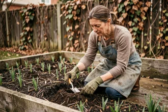 Femme jardinière en train de retourner la terre dans un parterre de jardin au début du printemps