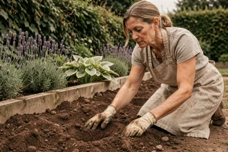 Jardinière testant la texture d'un sol argileux compact dans un massif planté de lavandes et d'hostas