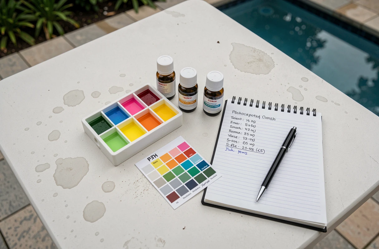 Kit complet de mesure du pH de l'eau de piscine posé sur une table extérieure avec comparateur et réactifs