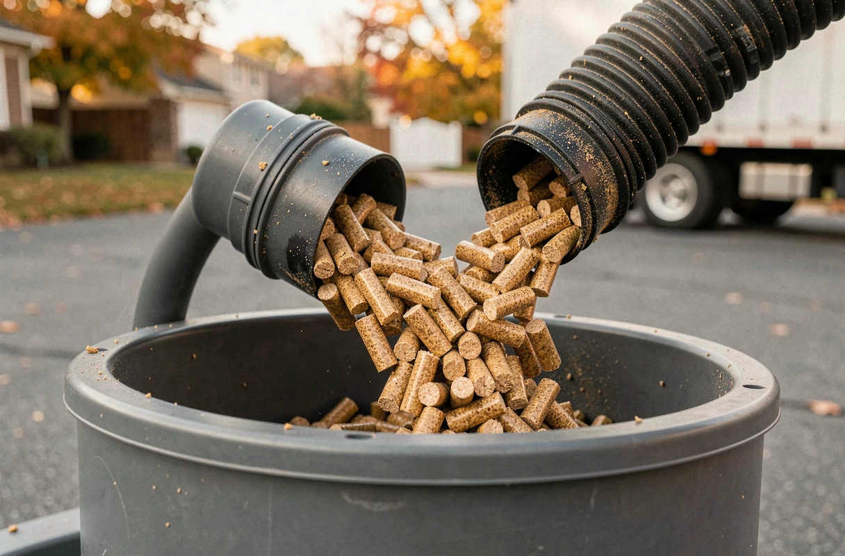 Remplissage d'un silo de pellets depuis un camion de livraison avec détail du flux de granulés de bois