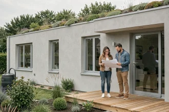 Couple devant une maison basse consommation moderne avec toiture végétalisée et fenêtres triple vitrage