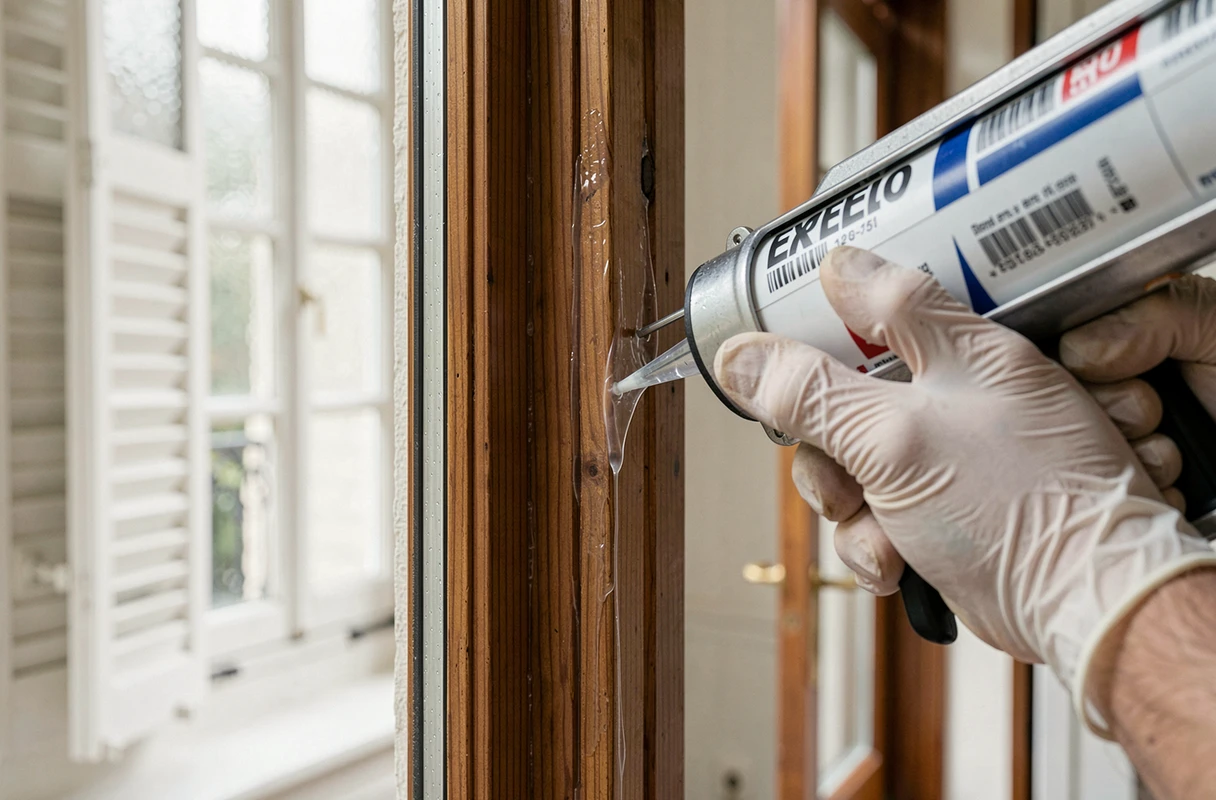 Gros plan sur l'application de mastic silicone transparent sur le cadre d'une fenêtre en bois pour supprimer les infiltrations d'air