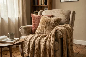 Fauteuil en lin avec plaid en laine tricotée, coussin en velours et coussin en fausse fourrure dans un salon cosy aux tons neutres