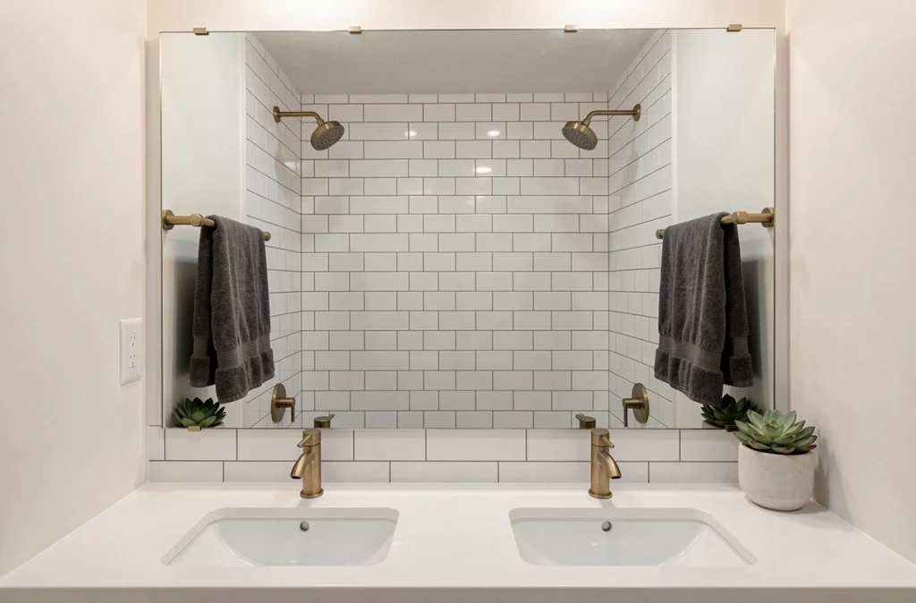 Grand miroir sans cadre au-dessus du lavabo dans une petite salle de bain moderne agrandissant l'espace