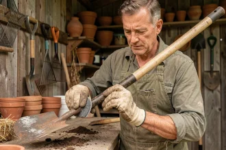 Homme d'âge mûr nettoyant la lame d'une bêche avec de la laine d'acier dans un atelier de jardin rustique
