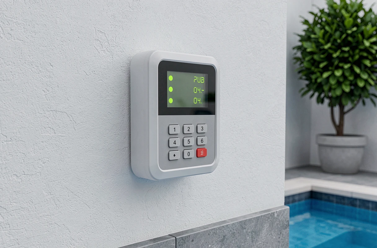 Panneau de contrôle d'alarme périmétrique de piscine fixé sur un mur extérieur avec indicateurs d'état