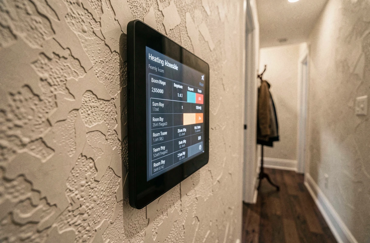 Panneau de commande domotique encastré dans un couloir affichant la programmation du chauffage pièce par pièce dans une maison connectée