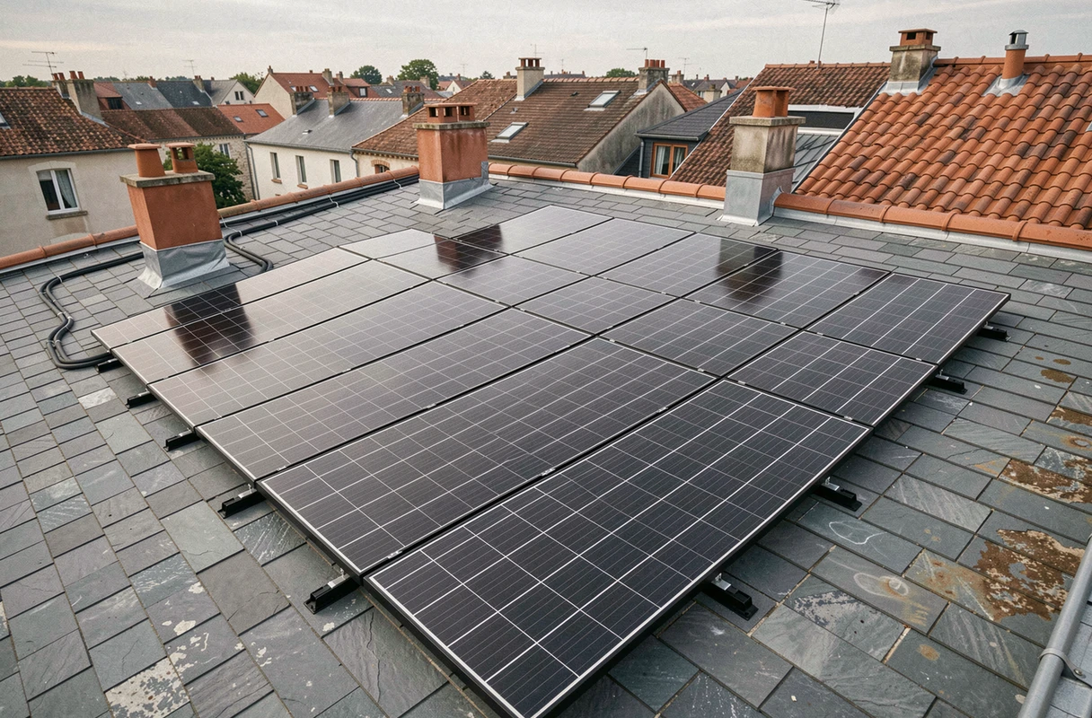 Panneaux solaires photovoltaïques installés sur le toit d'une maison rénovée en France