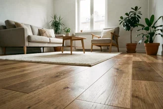 Salon chaleureux avec parquet en chêne clair et tapis crème dans un intérieur scandinave moderne