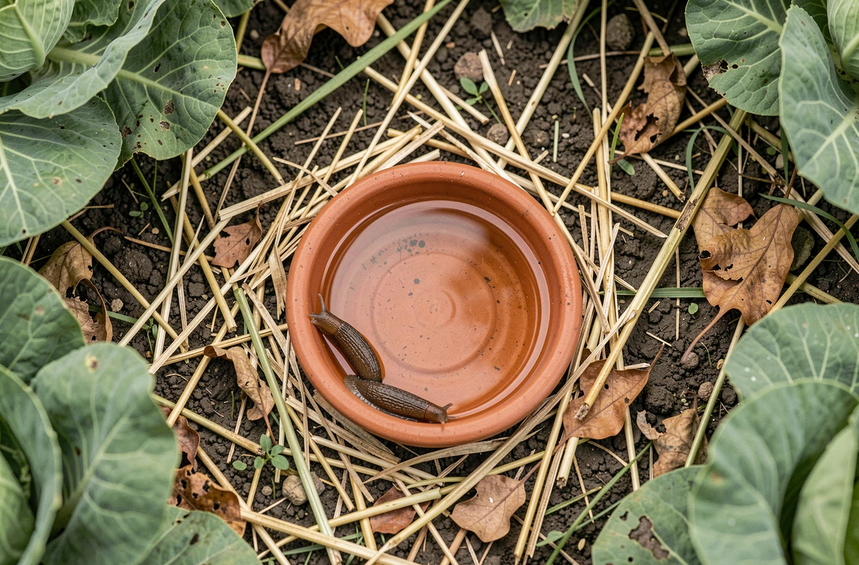 Piège à bière dans un coupelle en terre cuite posée au sol entre des choux pour capturer les limaces dans le potager