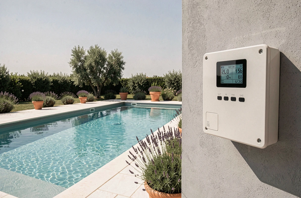 Piscine résidentielle moderne équipée d'un système de filtration au sel avec panneau de contrôle numérique