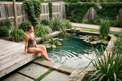Femme assise au bord d'une piscine naturelle entourée de plantes aquatiques dans un jardin privé