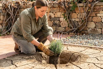 Femme plantant un arbuste de lavande résistant à la sécheresse dans un jardin méditerranéen avec sol aride et mulch de gravier