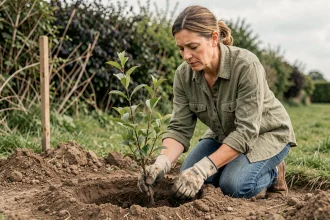 Femme plantant un jeune arbuste indigène pour créer une haie naturelle favorable à la biodiversité