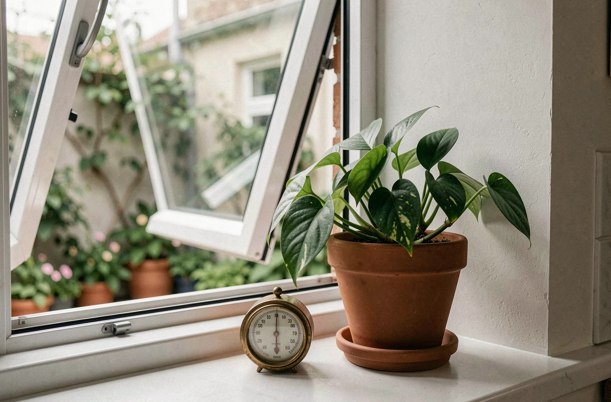 Plante dépolluante et hygromètre sur un rebord de fenêtre entrouverte pour surveiller et améliorer la qualité de l'air intérieur