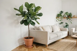 Grande plante verte fiddle-leaf fig dans un pot en terre cuite placée dans un coin de salon moderne au style scandinave avec canapé en lin et parquet en chêne