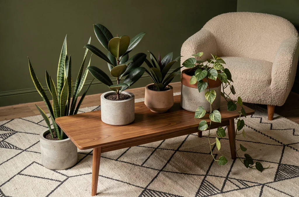 Groupe de plantes vertes en pots en céramique et béton sur une table basse en teck dans un salon mid-century avec mur vert olive et fauteuil bouclé