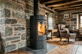 Poêle à granulés moderne installé dans un salon rustique d'une maison ancienne en pierre avec poutres apparentes