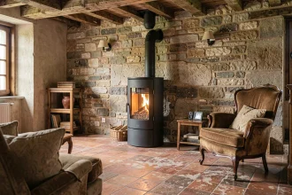 Poêle à pellets anthracite installé dans un salon rustique en pierre d'une maison ancienne avec poutres apparentes