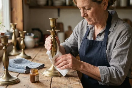 Femme polissant un chandelier en laiton vintage avec un chiffon doux sur un plan de travail en bois rustique