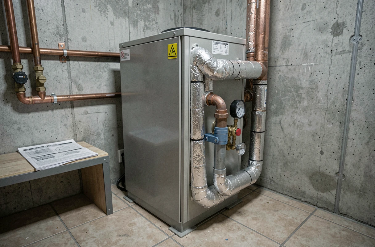 Pompe à chaleur air-eau installée dans une chaufferie avec tuyauterie en cuivre et manomètre de pression visibles