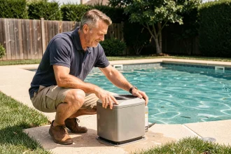 Homme examinant une pompe à chaleur installée au bord d'une piscine résidentielle dans un jardin suburban