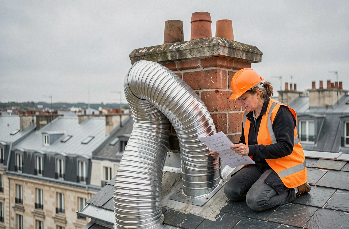 Pose d'un tubage flexible en inox sur un conduit de cheminée ancien en toiture lors de travaux de rénovation