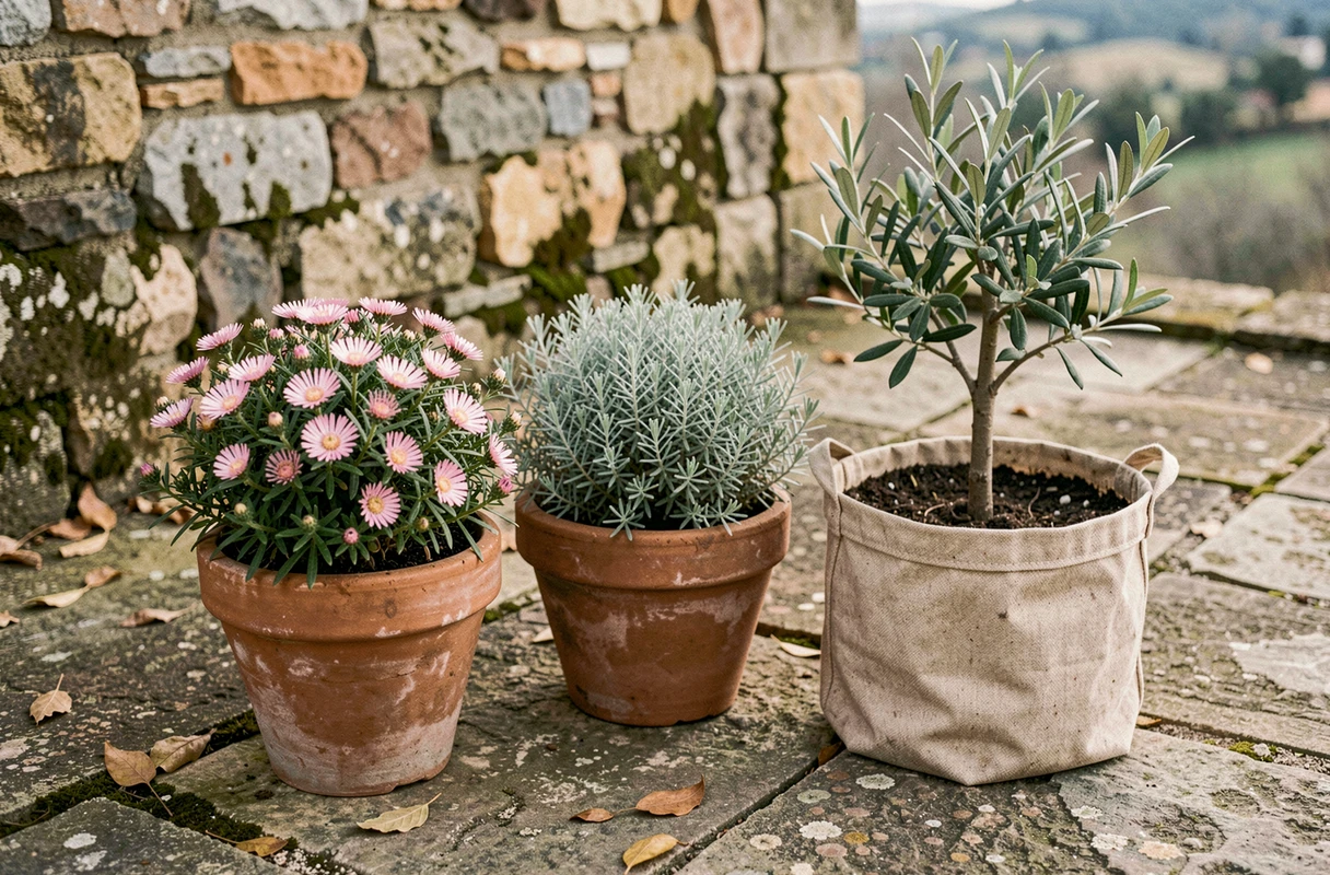 Pots en terre cuite et sac de culture contenant des arbustes résistants à la sécheresse comme le ciste, la santoline et un olivier sur une terrasse en pierre sèche