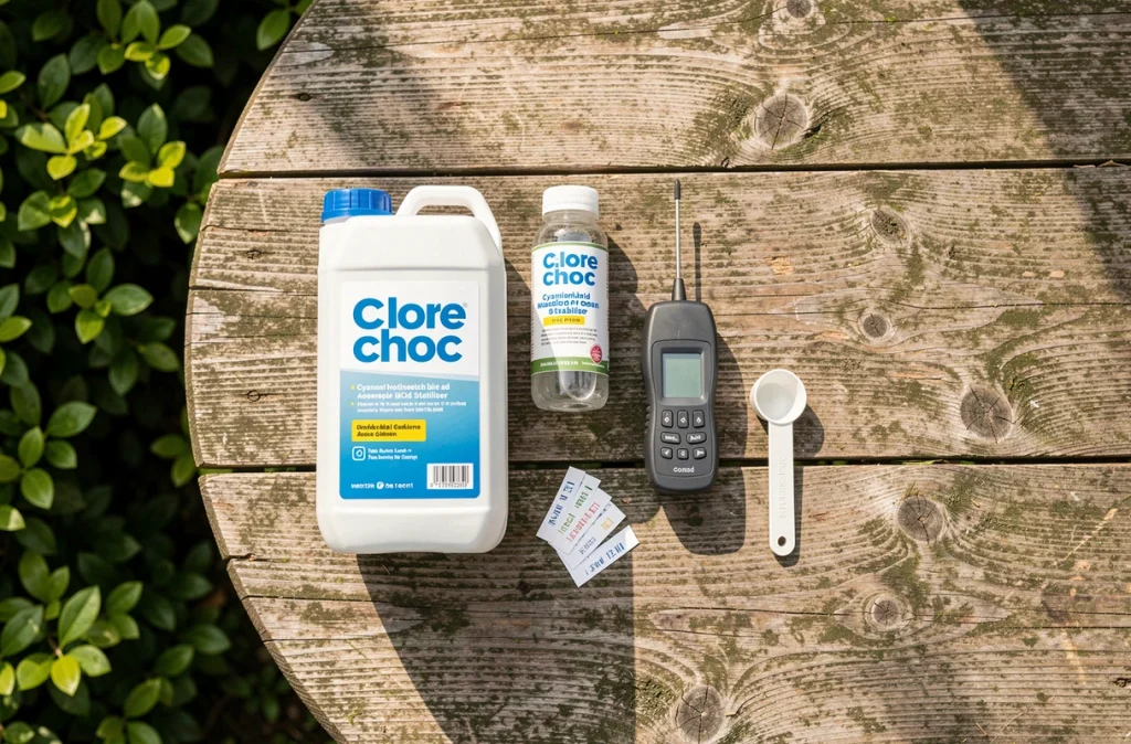 Vue de dessus des produits de traitement chlore choc et stabilisant pour piscine sur une table en bois
