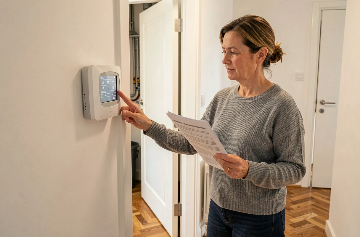 Propriétaire paramétrant le thermostat connecté après le remplacement de sa chaudière sans modification du circuit de chauffage existant