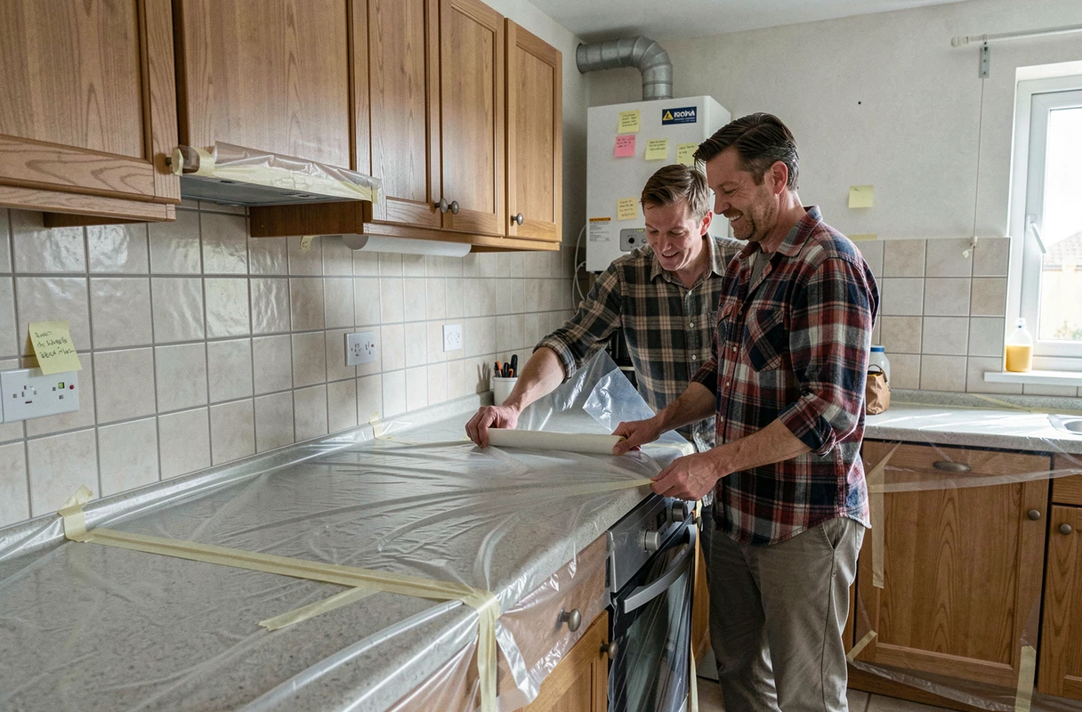 Couple protégeant la cuisine avec des bâches plastiques avant des travaux de remplacement de chaudière