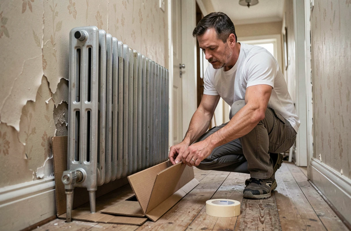 Homme protégeant un radiateur en fonte avant des travaux de plomberie et chauffage dans un couloir