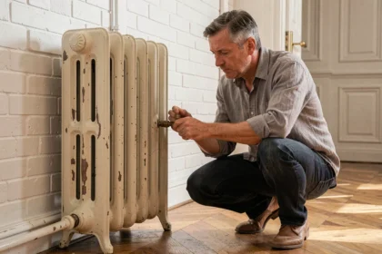 Homme inspectant un radiateur en fonte d'occasion dans un appartement parisien aux murs en brique blanche