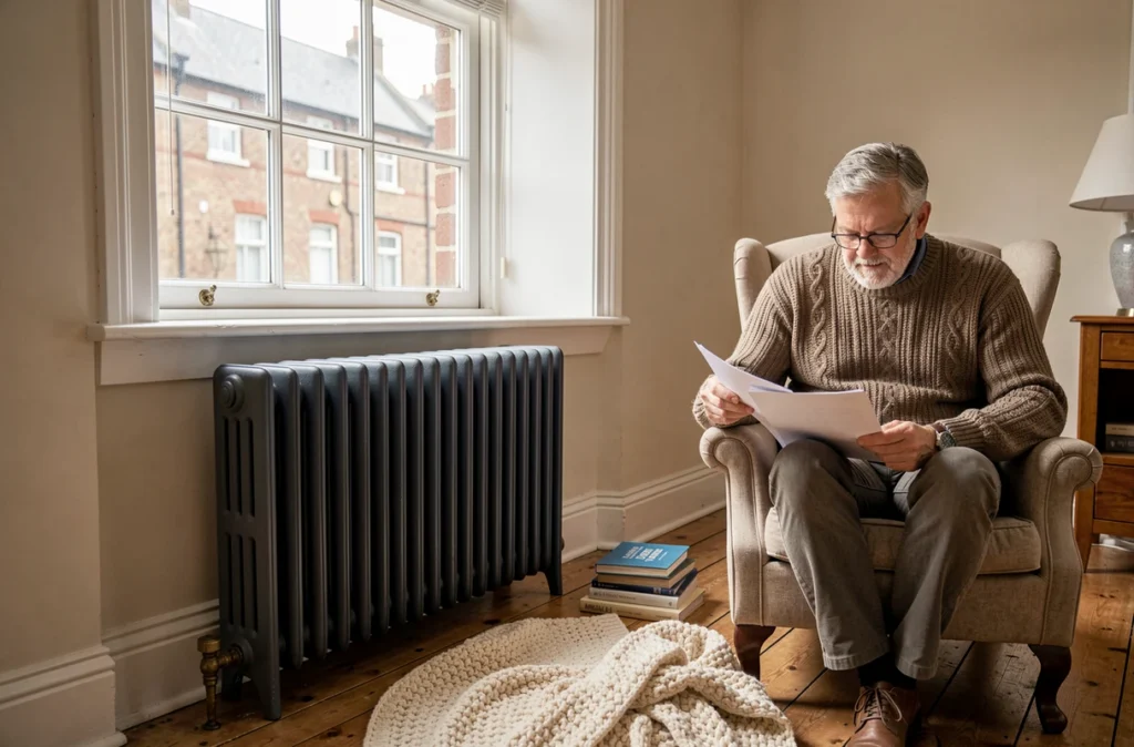 Radiateur en fonte d'occasion restauré en anthracite installé sous une fenêtre dans un appartement rénové