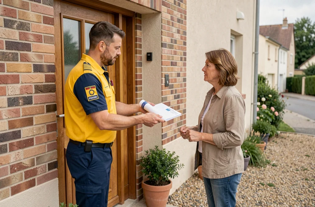 Facteur remettant un catalogue Blancheporte gratuit à une cliente devant sa maison, réception par courrier