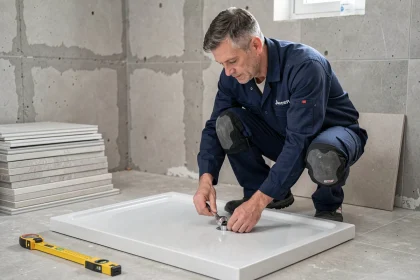 Plombier professionnel réglant l'évacuation d'un receveur de douche extra plat en cours d'installation dans une salle de bain en rénovation