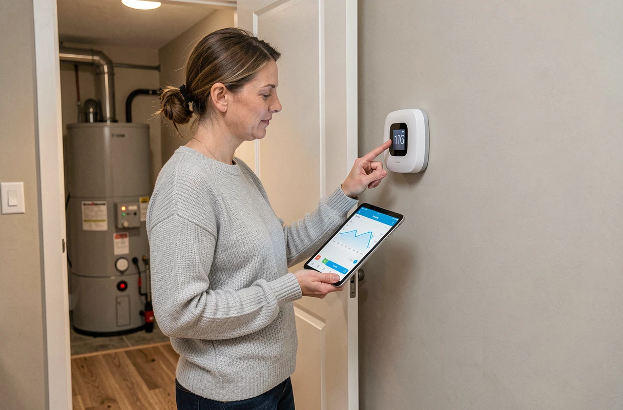 Femme réglant un thermostat intelligent depuis son couloir avec une tablette connectée à sa chaudière à granulés