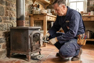 Technicien déconnectant un ancien poêle à bois en fonte dans une cuisine rustique en pierre