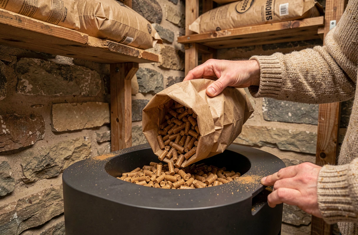 Remplissage du bac à pellets d'un poêle moderne dans une alcôve en pierre d'une ancienne maison rénovée