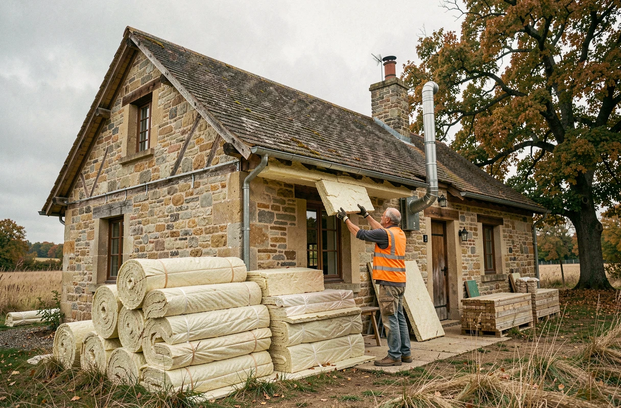 Rénovation d'isolation extérieure d'une maison en pierre avec installation d'un conduit de poêle à pellets