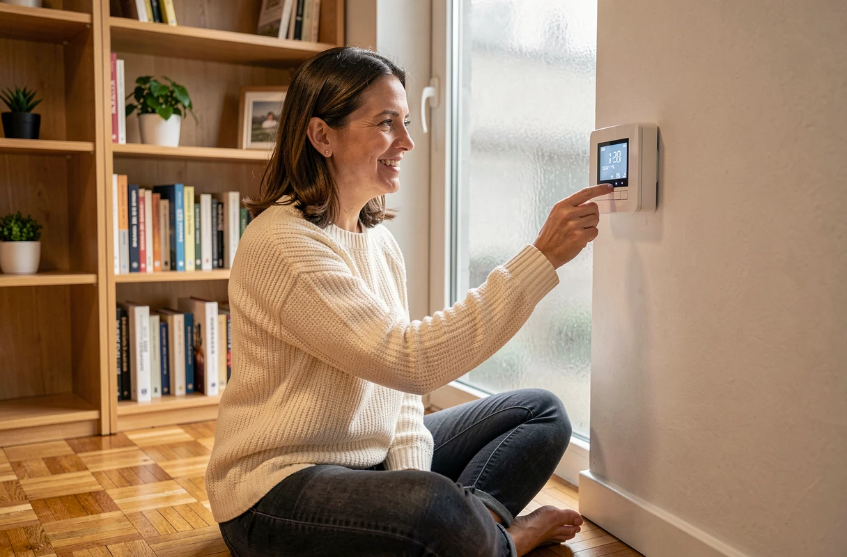 Résidente d'un logement collectif réglant le thermostat connecté d'un système de chauffage aux pellets